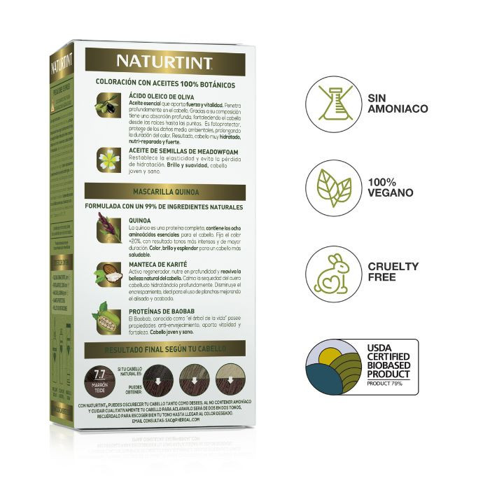 Naturtint 7.7 Teide Brown, Ammonia-Free Permanent Hair Color with Quinoa Mask, 165ml