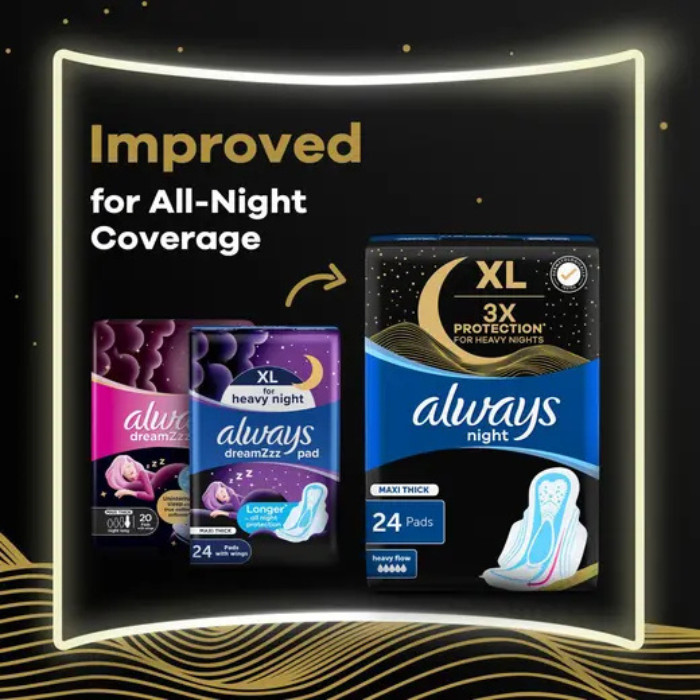 Always 3X Protection for Heavy Nights Maxi Thick XL Night Pads – 24 Pads