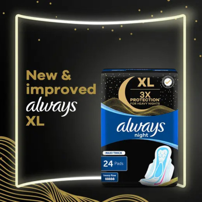 Always 3X Protection for Heavy Nights Maxi Thick XL Night Pads – 24 Pads