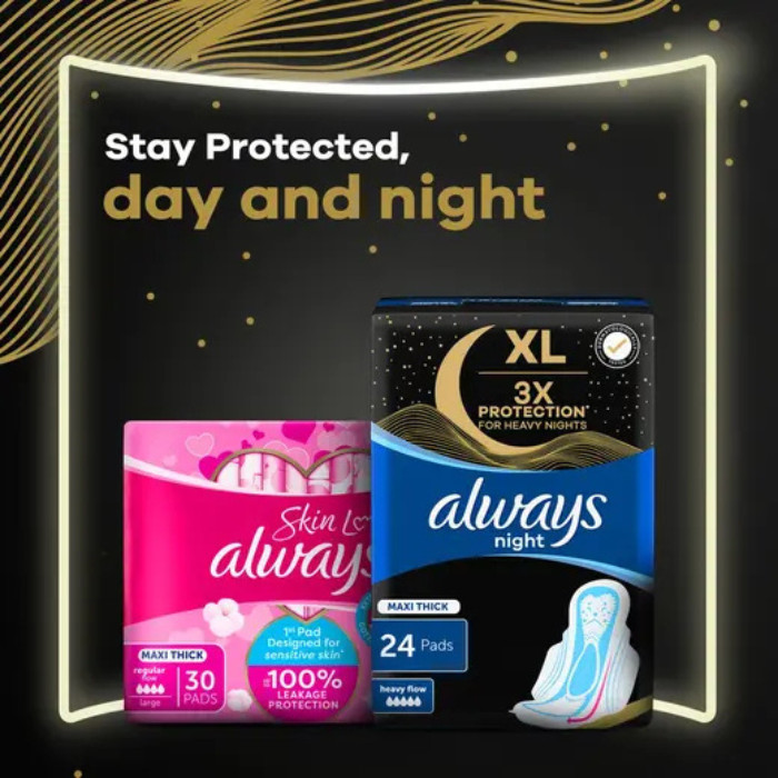 Always 3X Protection for Heavy Nights Maxi Thick XL Night Pads – 24 Pads