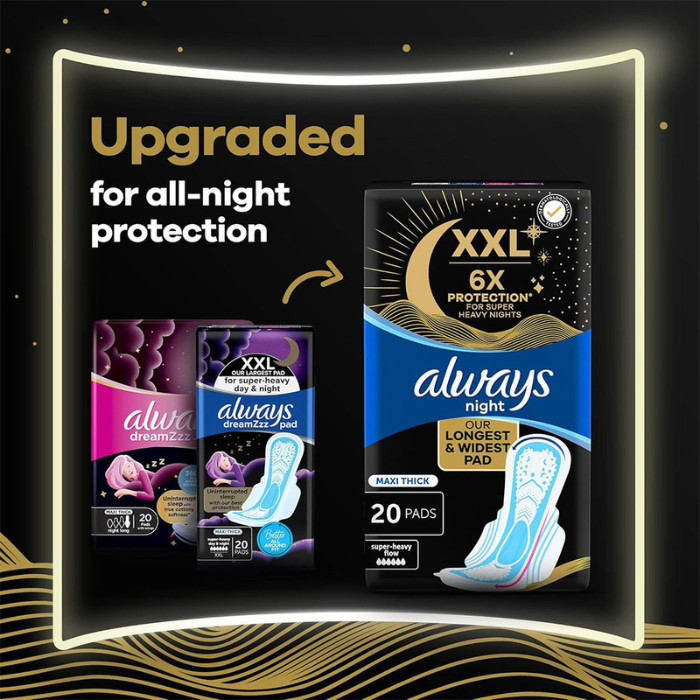 Always Maxi Thick Night Sanitary Pads -Extra Absorbent Overnight Protection for Heavy Flow & Leak-Free Comfort- Pads 20s