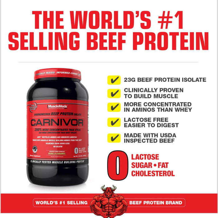 Muscle Meds Carnivor Beef Protein Isolate - Free of Lactose & Sugar, Zero Fat, Fast Absorption, Vanilla Caramel - 1.95 lbs