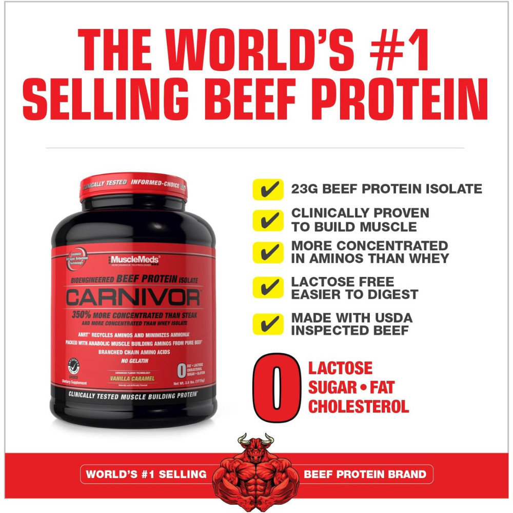 Muscle Meds Carnivor Beef Protein Isolate - Hydrolyzed for Lean Muscle and Recovery, Vanilla Caramel - 3.9 lbs