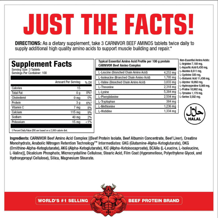 Muscle Meds Carnivor - Ultra-Concentrated Beef Amino Acids with BCAAs & Creatine - 300 Tablets