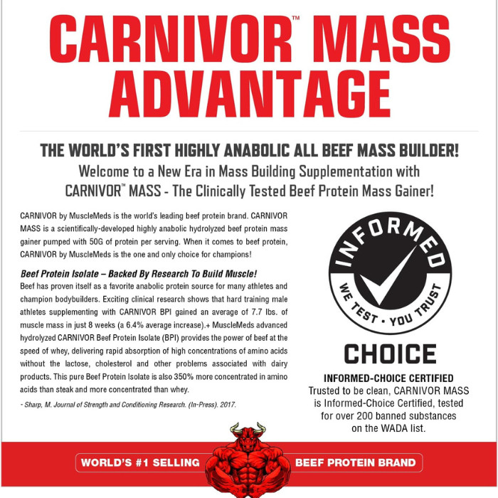 Muscle Meds Carnivor Mass – Beef Protein Isolate Gainer with iSpike, Chocolate Fudge – 10.4 lbs
