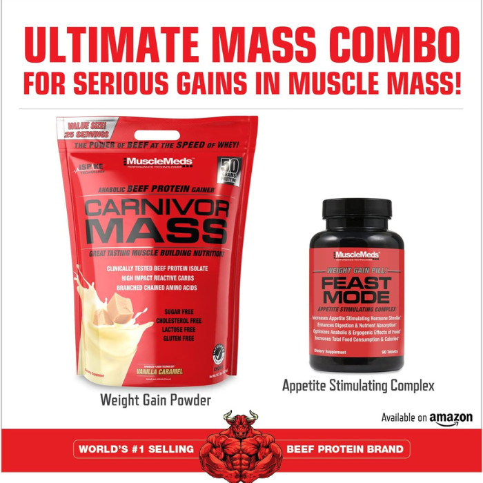 Muscle Meds Carnivor Mass - Anabolic Beef Protein Isolate Gainer with iSpike, Vanilla Caramel – 10 lbs
