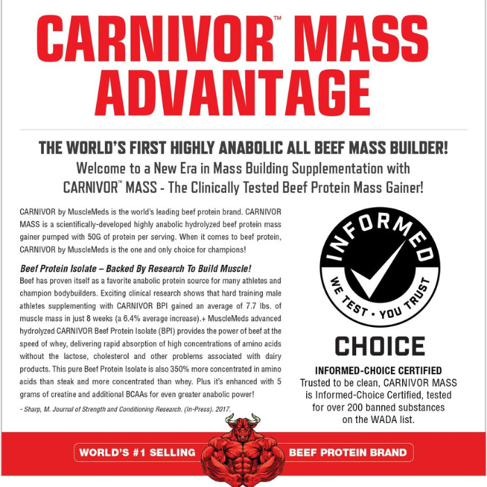 Muscle Meds Carnivor Mass - Anabolic Beef Protein Isolate Gainer with iSpike, Vanilla Caramel – 10 lbs