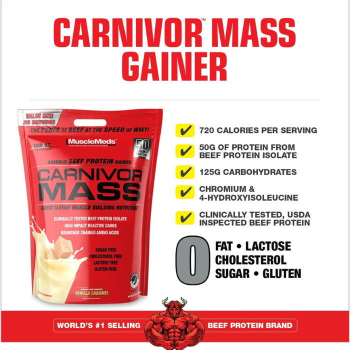 Muscle Meds Carnivor Mass - Anabolic Beef Protein Isolate Gainer with iSpike, Vanilla Caramel – 10 lbs
