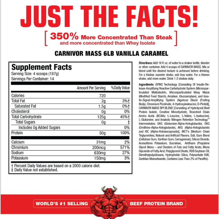 Muscle Meds Carnivor Mass - Zero Lactose Beef Protein Gainer, Vanilla Caramel for Muscle Recovery - 5.78 lbs.