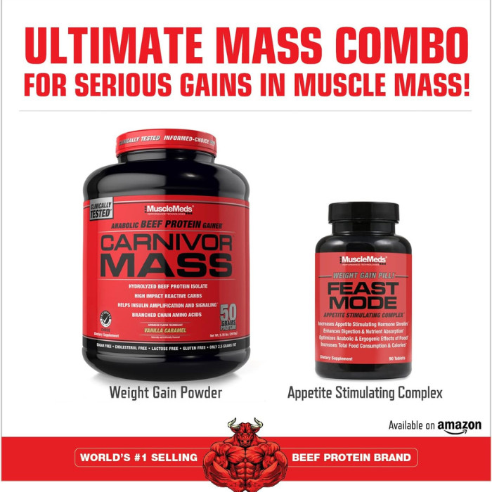 Muscle Meds Carnivor Mass - Zero Lactose Beef Protein Gainer, Vanilla Caramel for Muscle Recovery - 5.78 lbs.