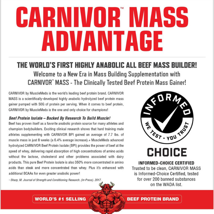 Muscle Meds Carnivor Mass - Zero Lactose Beef Protein Gainer, Vanilla Caramel for Muscle Recovery - 5.78 lbs.
