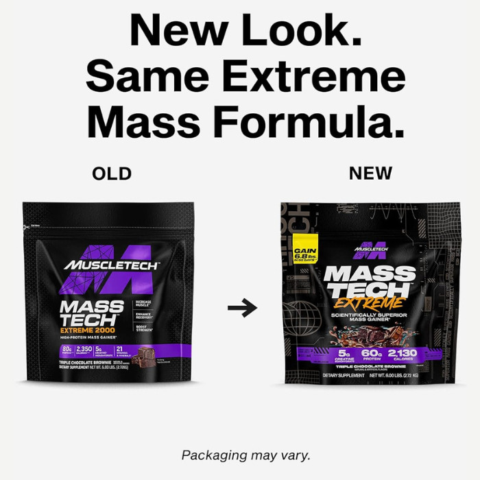 Muscle Tech Mass Tech Extreme Triple Chocolate Brownie, High-Calorie Mass Gainer for Muscle Strength, 6 lb
