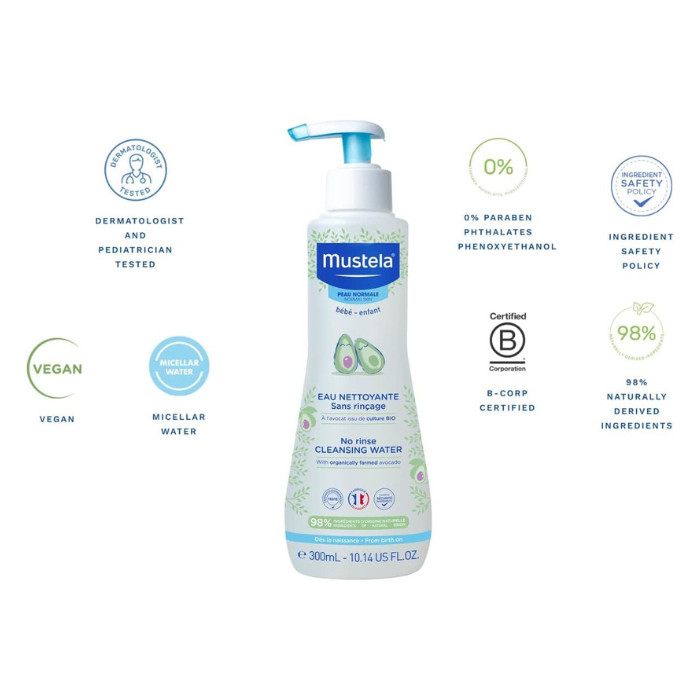 Mustela No Rinse Cleansing Water – Micellar Water for Baby Face, Body & Diaper Area, No-Rinse Formula 300ml