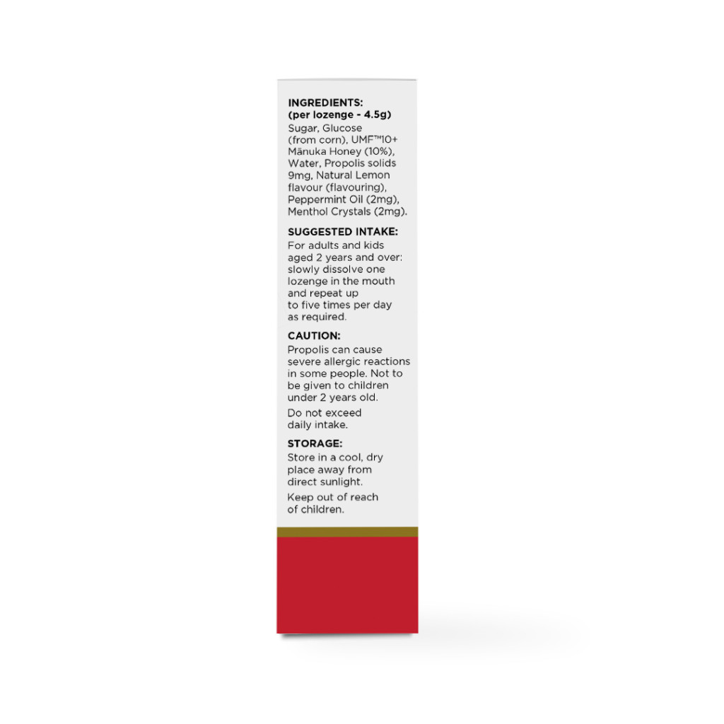 NZ Health UMF 10+ Manuka Honey Lozenges Lemon, Soothing Relief with Propolis, Menthol & Peppermint Oil - 12s