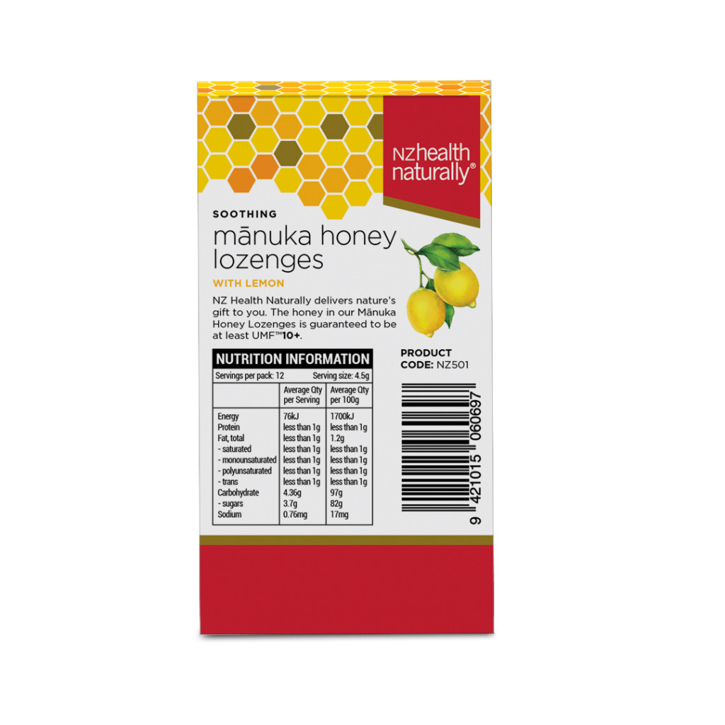NZ Health UMF 10+ Manuka Honey Lozenges Lemon, Soothing Relief with Propolis, Menthol & Peppermint Oil - 12s