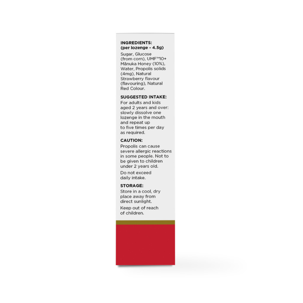 NZ Health UMF 10+ Manuka Honey Kids Lozenges Strawberry - Soothes Sore Throat with Propolis, Natural & Safe - 12s