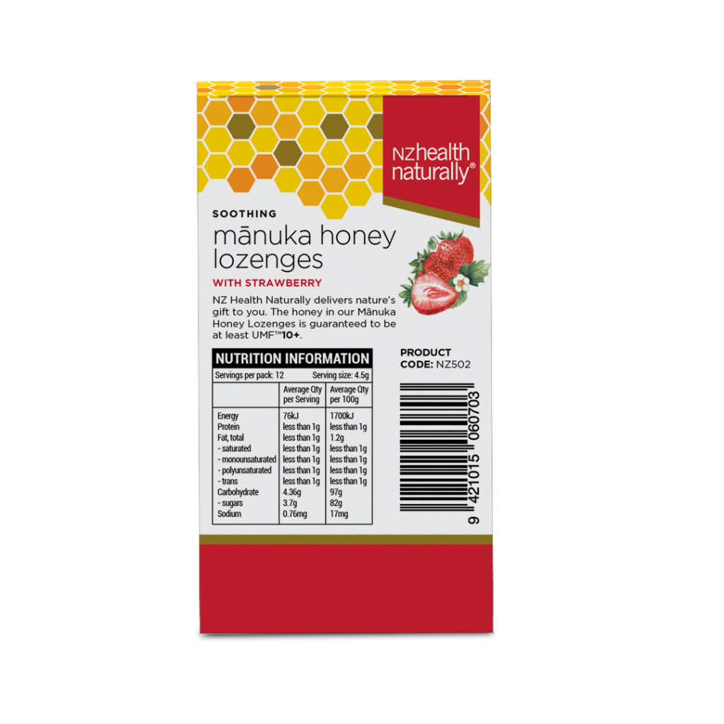 NZ Health UMF 10+ Manuka Honey Kids Lozenges Strawberry - Soothes Sore Throat with Propolis, Natural & Safe - 12s