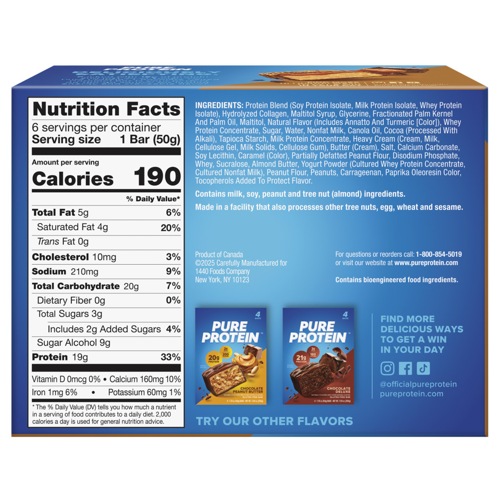Pure Protein Bar Chocolate Salted Caramel, High Protein, Low Sugar Snack, Gluten-Free Recovery Fuel 50g – Box of 6