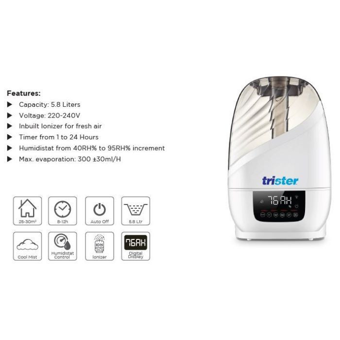 Trister Digital Ultrasonic Humidifier With Ionizer & Filter