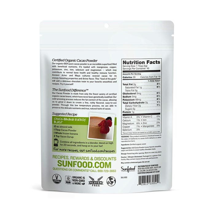 Sunfood Superfoods Cacao Powder Organic 8 Oz