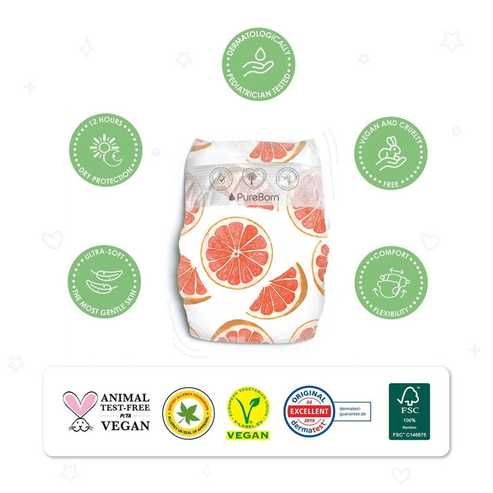 Pureborn Organic Bamboo Newborn Diapers 1- 3 kg, Hypoallergenic, Eco-Friendly and Ultra Soft, 34pcs