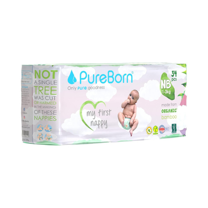 Pureborn Organic Bamboo Newborn Diapers 1- 3 kg, Hypoallergenic, Eco-Friendly and Ultra Soft, 34pcs