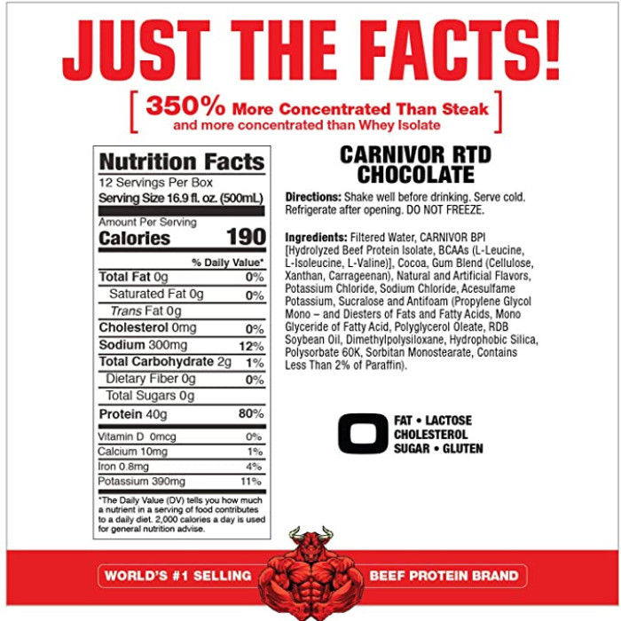 Muscle Meds Carnivor RTD Chocolate 500ml - 40g Beef Protein Isolate, Lactose-Free, Zero Fat Protein Shake - Box of 12 pcs