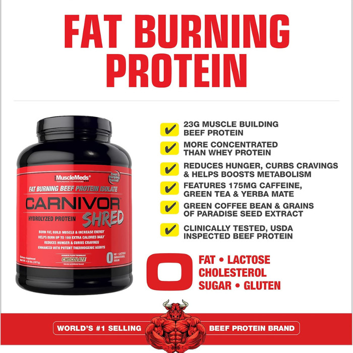 Muscle Meds Carnivor Shred - Beef Protein Isolate, Fat Burner, Build Muscle & Burn Fat Fast, Chocolate - 4 lbs