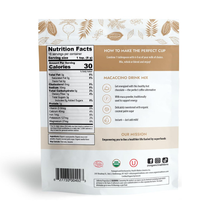 Organic Traditions Macaccino Drink Mix, Energizing Maca-Cacao Blend, Coffee Alternative, Vegan - 227g