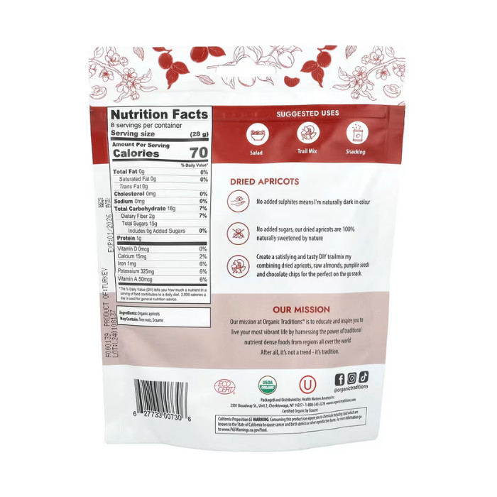 Organic Traditions Dried Apricots - Unsulfured, No Sugar, Gluten-Free, Vegan, Fiber-Rich - 227g