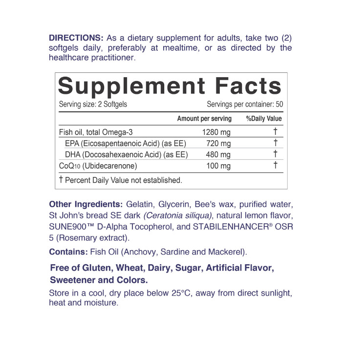 Nordic Sunshine Omega 1280mg + COQ10 100mg – High Potency Softgels for Heart, Brain & Energy Support – 100 Count