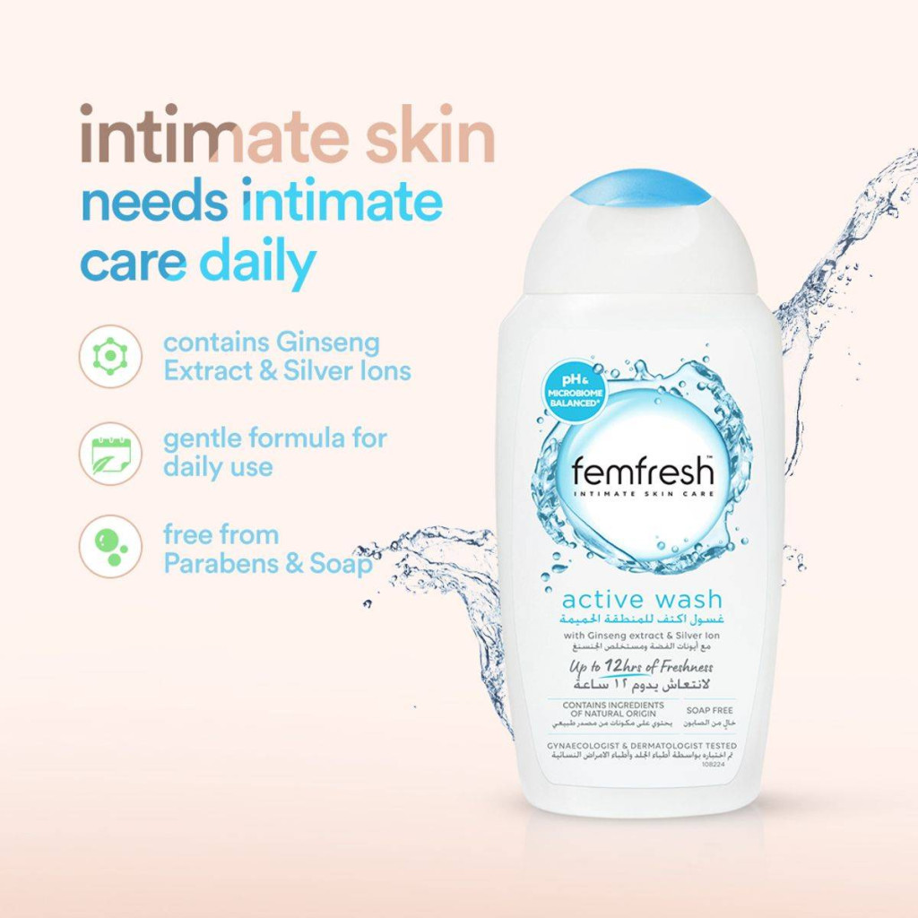 Femfresh Intimate Active Fresh Wash, pH Balanced Daily Cleanser for Freshness, 250ml
