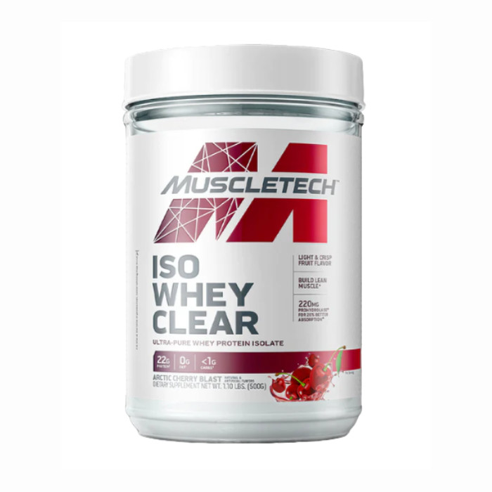 Muscle Tech Iso Whey Clear Arctic Cherry Blast - Supplement Facts and Packaging