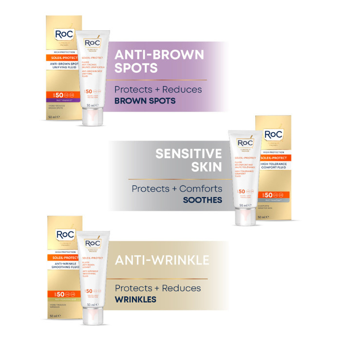 Roc Soleil-Protect Anti-Wrinkle Smoothing Fluid (SPF 50) Anti-Aging Sunscreen with Retinol & Broad-Spectrum Protection – 50ml