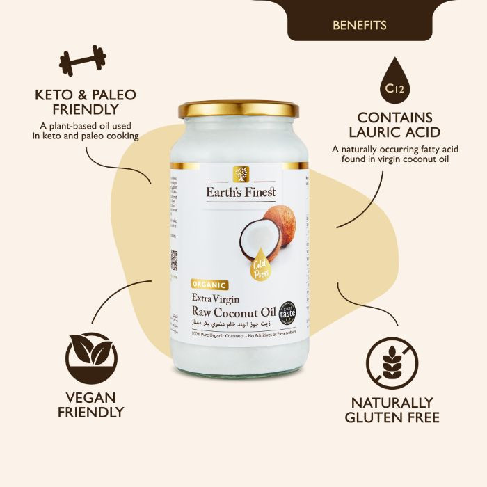 Earth’s Finest Organic Extra Virgin Raw Coconut Oil, 100% Pure, Cold-Pressed, Unrefined, No Additives, 950ml