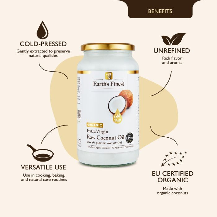 Earth’s Finest Organic Extra Virgin Raw Coconut Oil, 100% Pure, Cold-Pressed, Unrefined, No Additives, 950ml