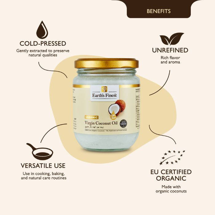 Earth’s Finest Organic Virgin Coconut Oil, 100% Pure, Cold-Pressed, Unrefined, No Additives or Chemicals, 200ml