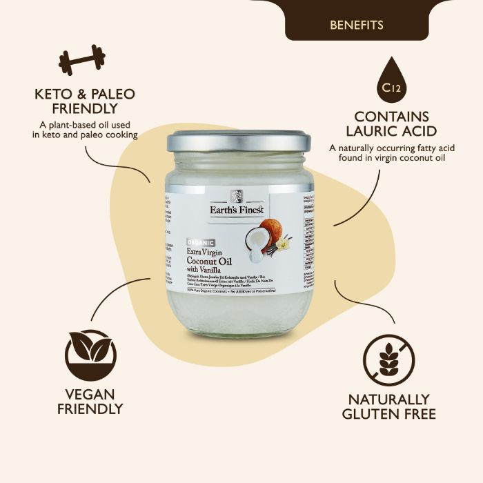 Earth’s Finest Organic Extra Virgin Coconut Oil with Vanilla, Cold Pressed, Raw, Vegan, Unrefined, Antioxidant-Rich, 200ml