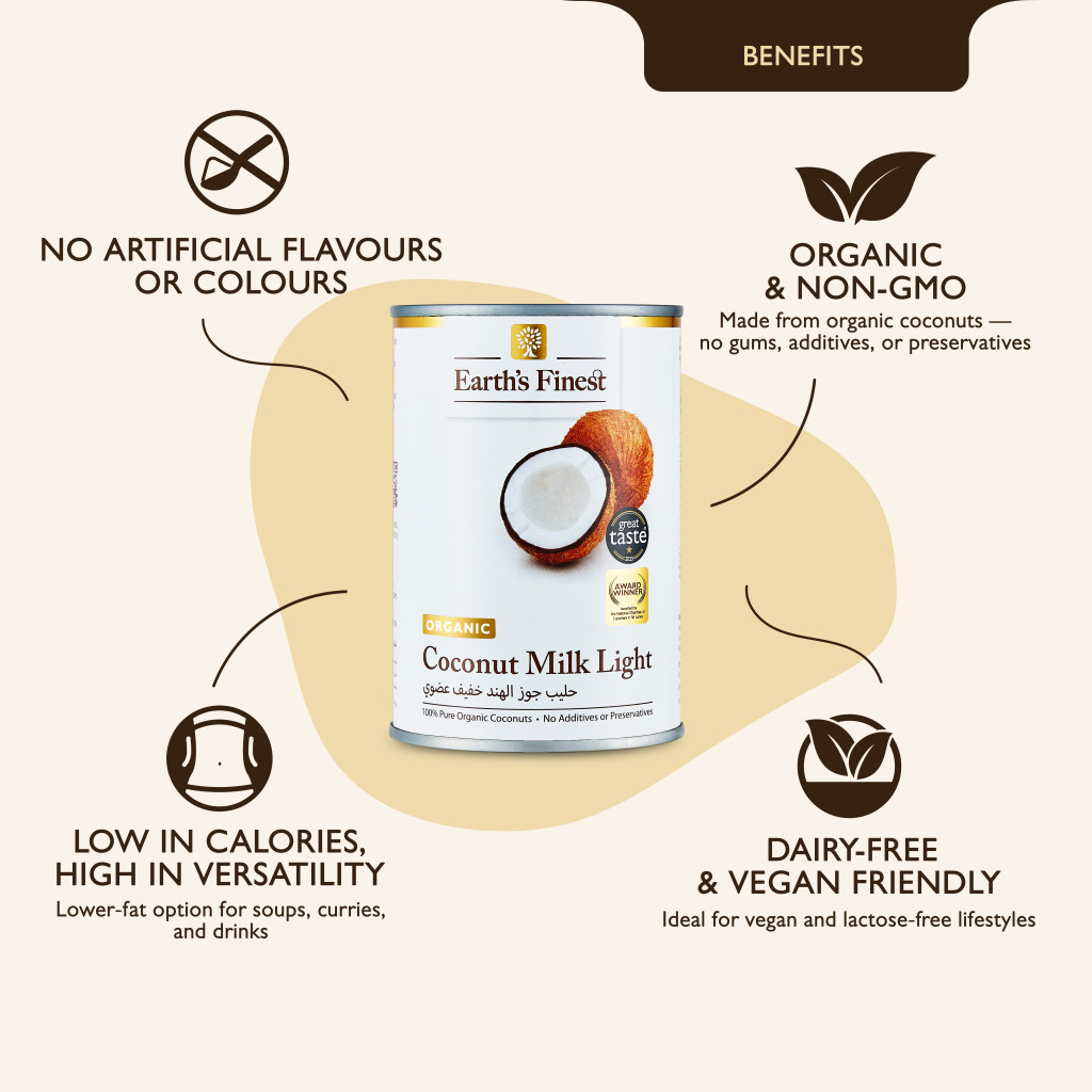 Earth’s Finest Organic Coconut Milk Light, Unsweetened, Vegan, Dairy-Free, BPA-Free, Low-Fat & Long Life, 400ml