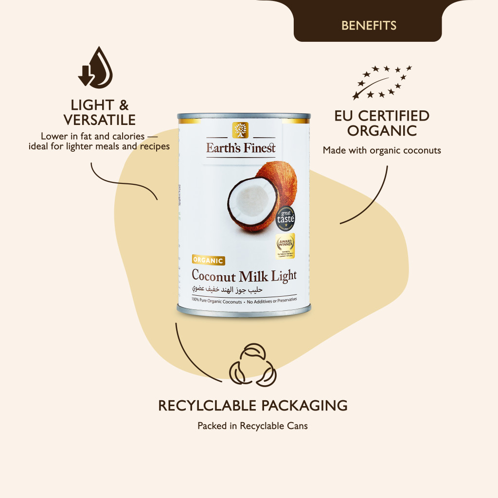 Earth’s Finest Organic Coconut Milk Light, Unsweetened, Vegan, Dairy-Free, BPA-Free, Low-Fat & Long Life, 400ml