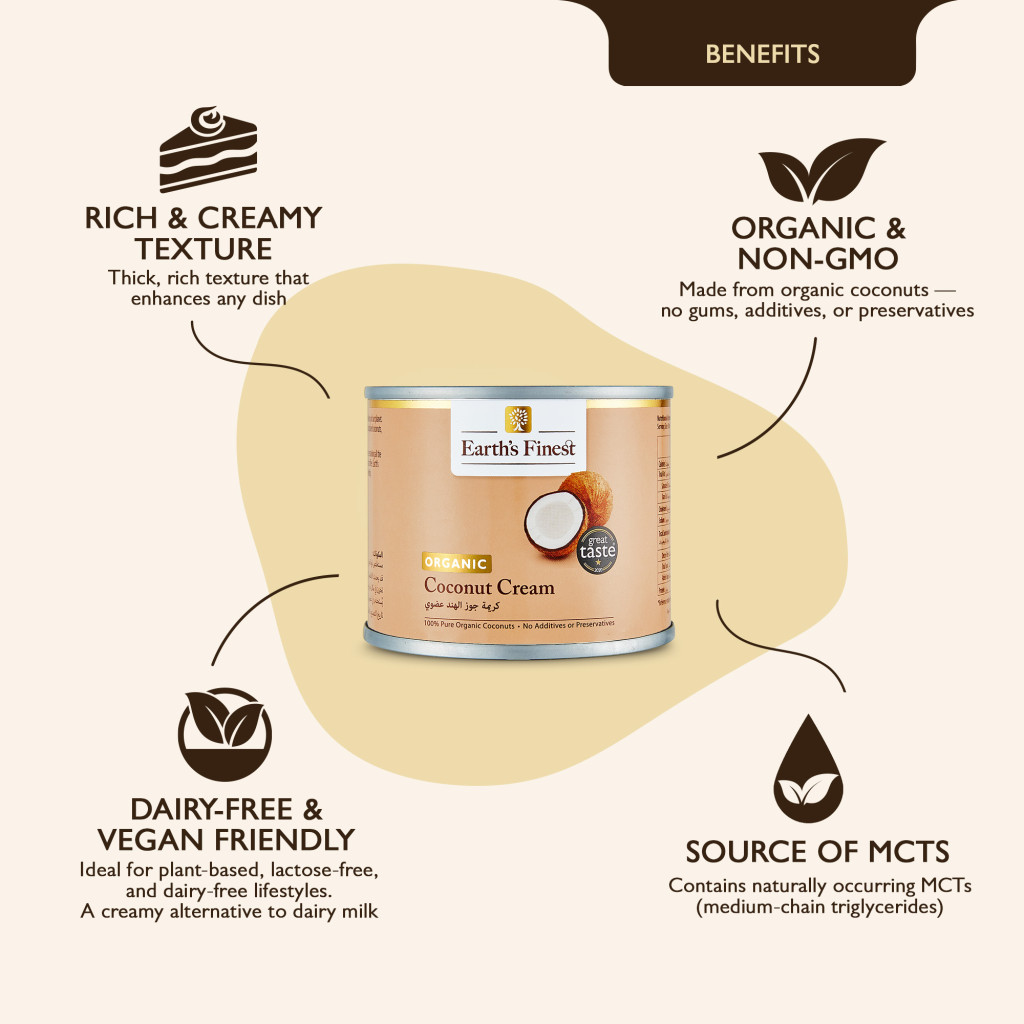 Earth’s Finest Organic Coconut Cream, Vegan, Unsweetened, BPA-Free, Cooking for Curries & Desserts, 200ml