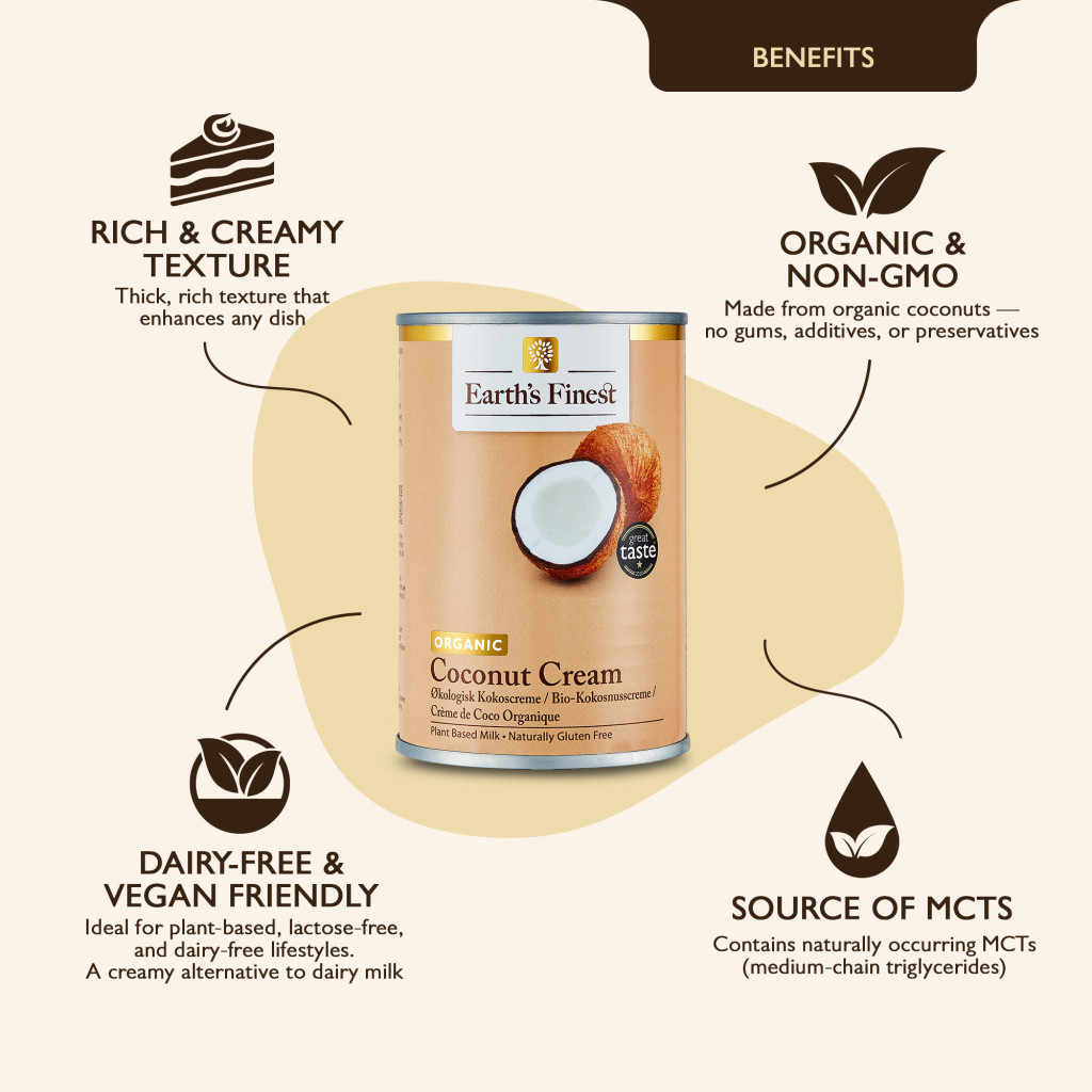 Earth’s Finest Organic Coconut Cream, Pure, BPA-Free, Keto & Vegan Dairy Alternative for Cooking & Baking, 400ml