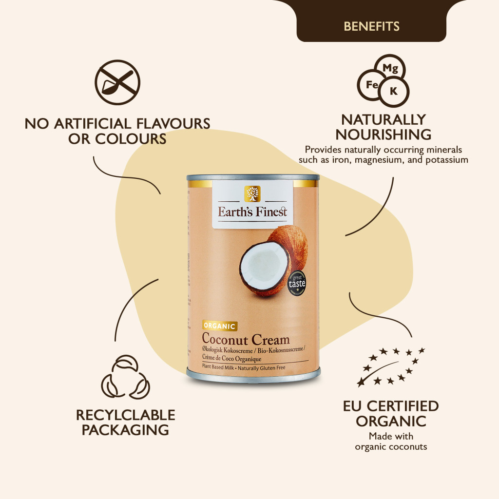 Earth’s Finest Organic Coconut Cream, Pure, BPA-Free, Keto & Vegan Dairy Alternative for Cooking & Baking, 400ml