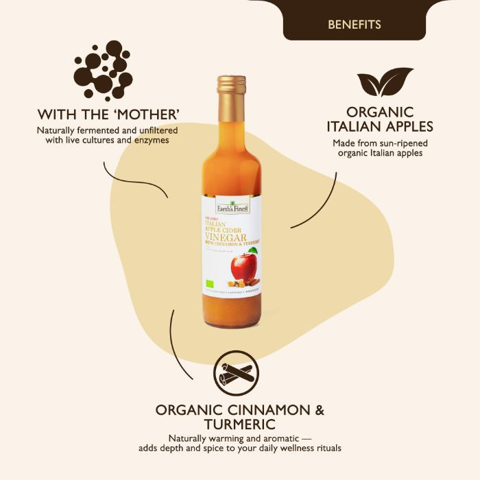 Earth’s Finest Organic Apple Cider Vinegar with Cinnamon & Turmeric, Unfiltered and Raw Italian, 500ml