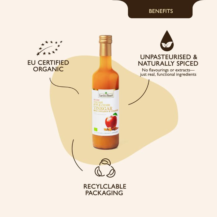 Earth’s Finest Organic Apple Cider Vinegar with Cinnamon & Turmeric, Unfiltered and Raw Italian, 500ml