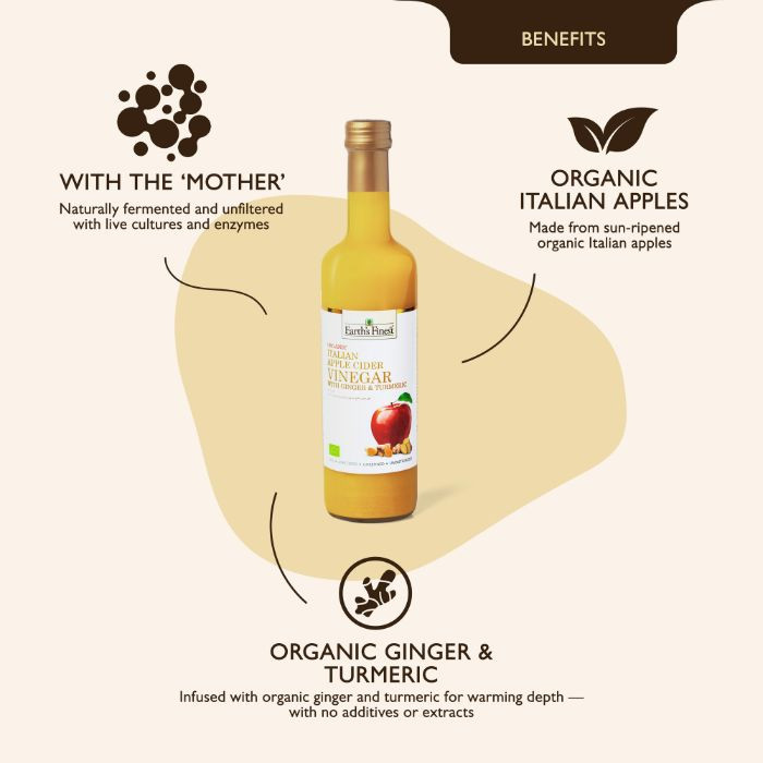 Earth’s Finest Organic Apple Cider Vinegar with Ginger & Turmeric, Unfiltered, Raw and Natural, 500ml