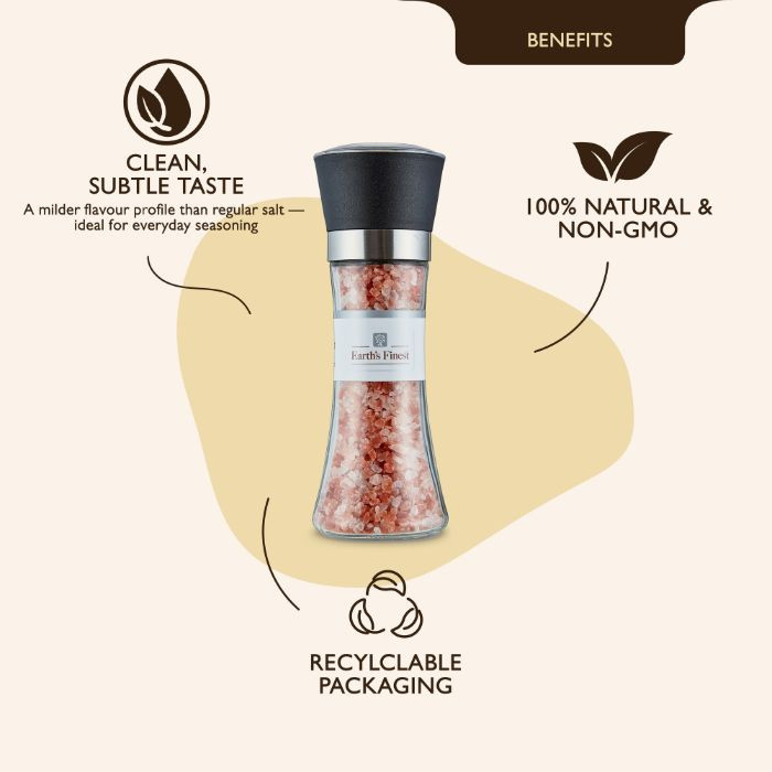 Earth’s Finest Pink Himalayan Salt, 100% Pure, Coarse Grain Rock Salt in Refillable Glass Grinder, 200g