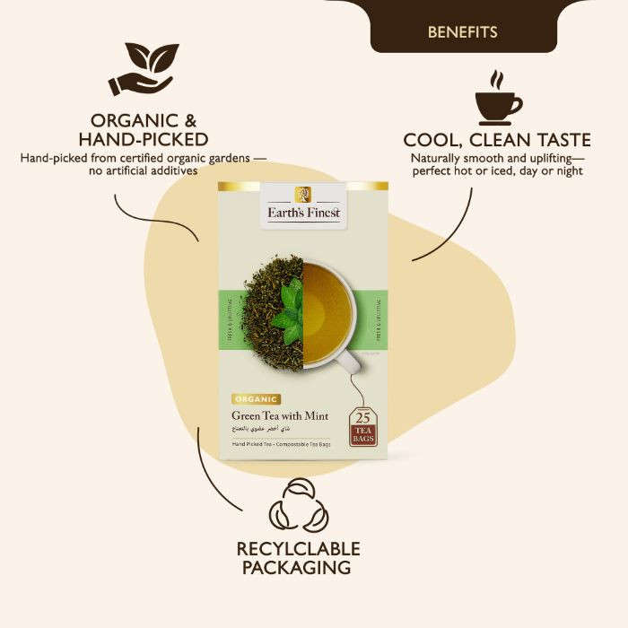 Earth’s Finest Organic Green Tea with Mint, Refreshing, Detoxifying & Antioxidant-Rich Herbal Blend, 25 Tea Bags