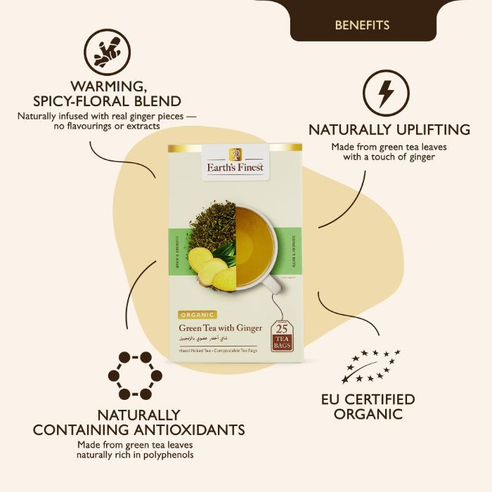 Earth’s Finest Organic Green Tea with Ginger, Immunity-Boosting, Detoxifying & Antioxidant-Rich Blend, 25 Tea Bags