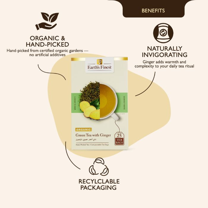 Earth’s Finest Organic Green Tea with Ginger, Immunity-Boosting, Detoxifying & Antioxidant-Rich Blend, 25 Tea Bags